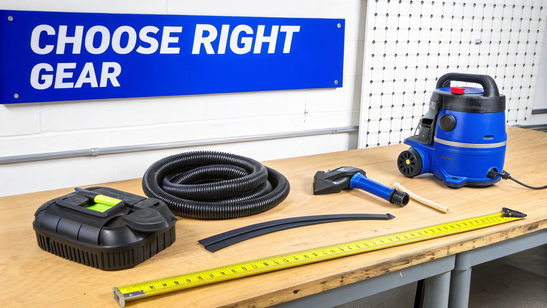 A blue shop vac, coiled hose, tool case, and measuring tape on a workbench in a workshop.