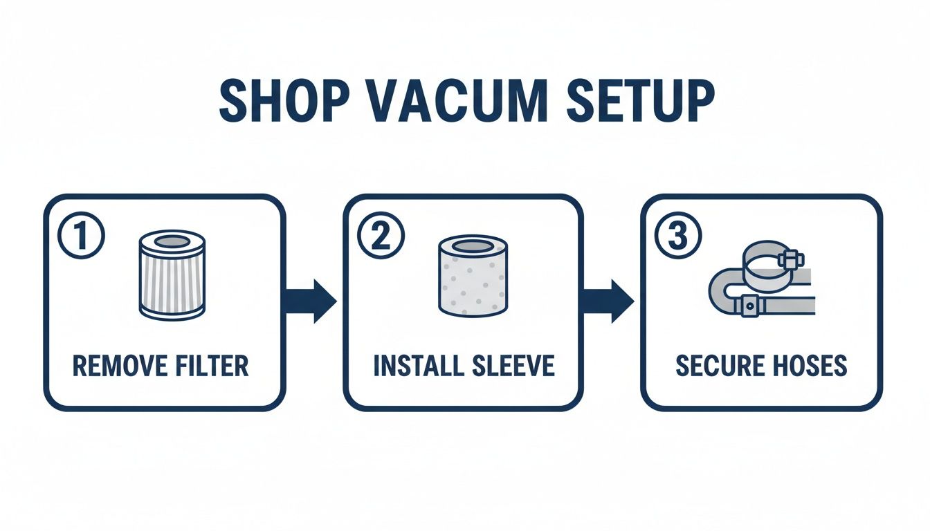 Three steps for shop vacuum setup: remove filter, install sleeve, and secure hoses properly.