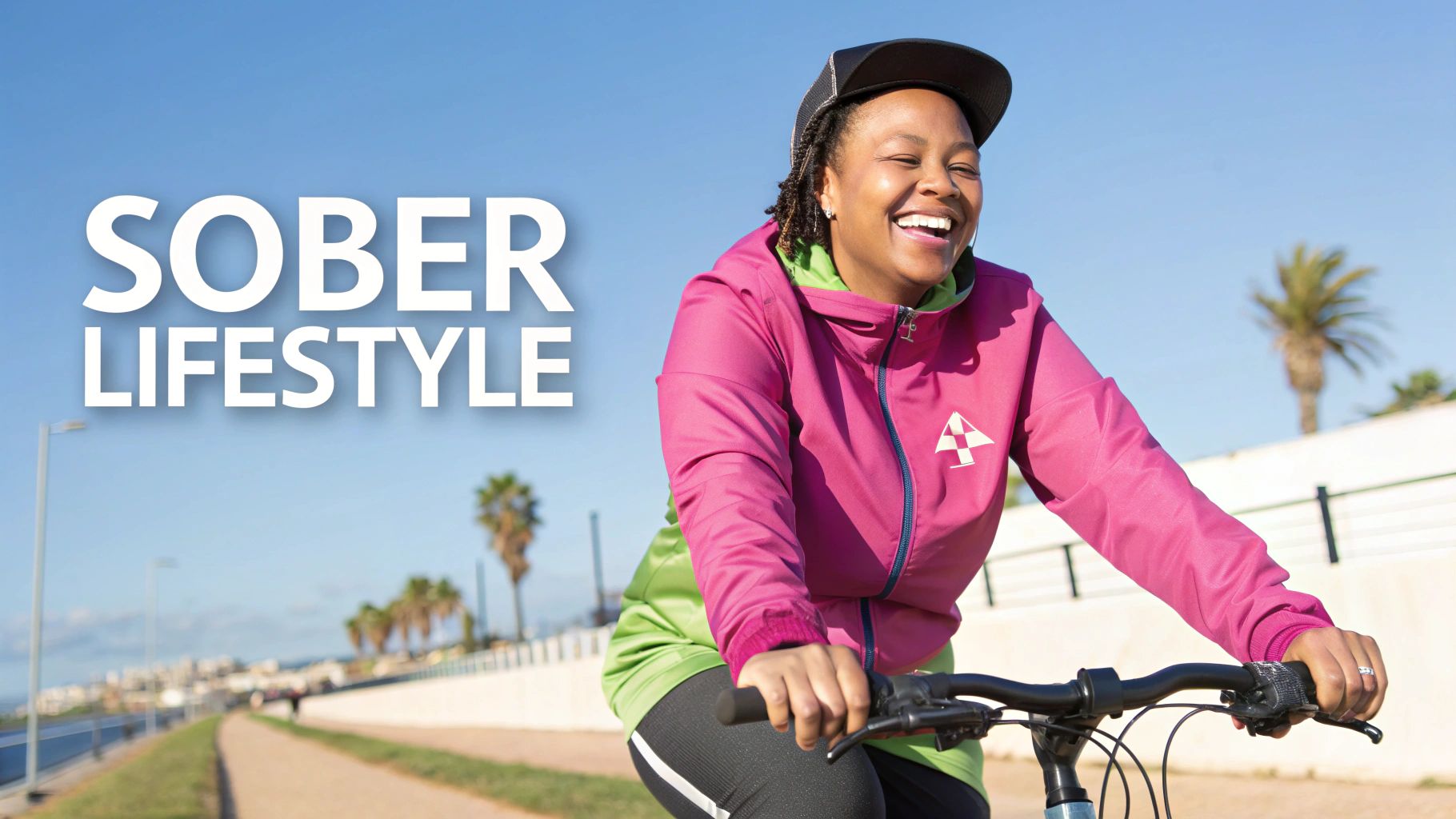 A happy woman in a pink jacket smiles while cycling outdoors on a sunny day, promoting a sober lifestyle.
