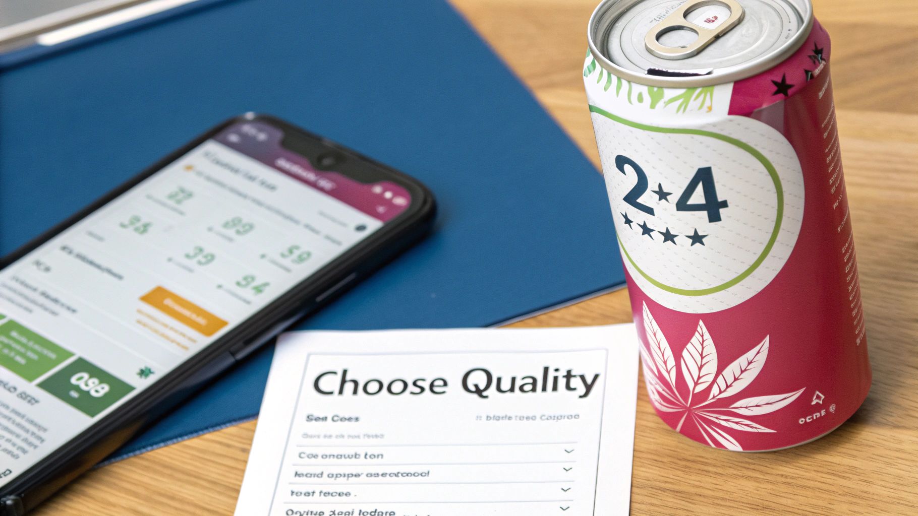 Smartphone, cannabis-themed drink can with '2+4' and stars, and 'Choose Quality' paper on a wooden table.
