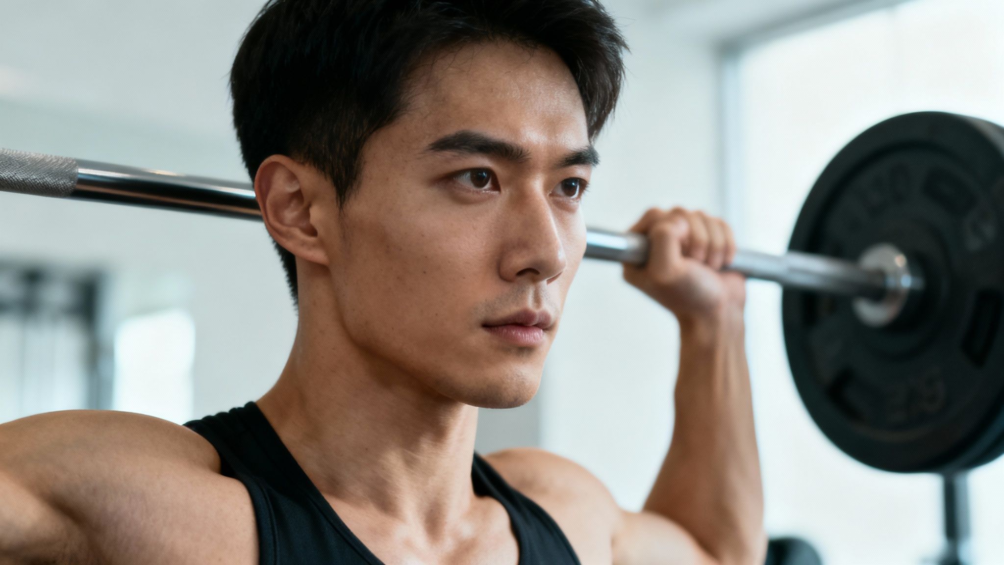 An athlete looking focused and determined during a workout, embodying mental clarity.