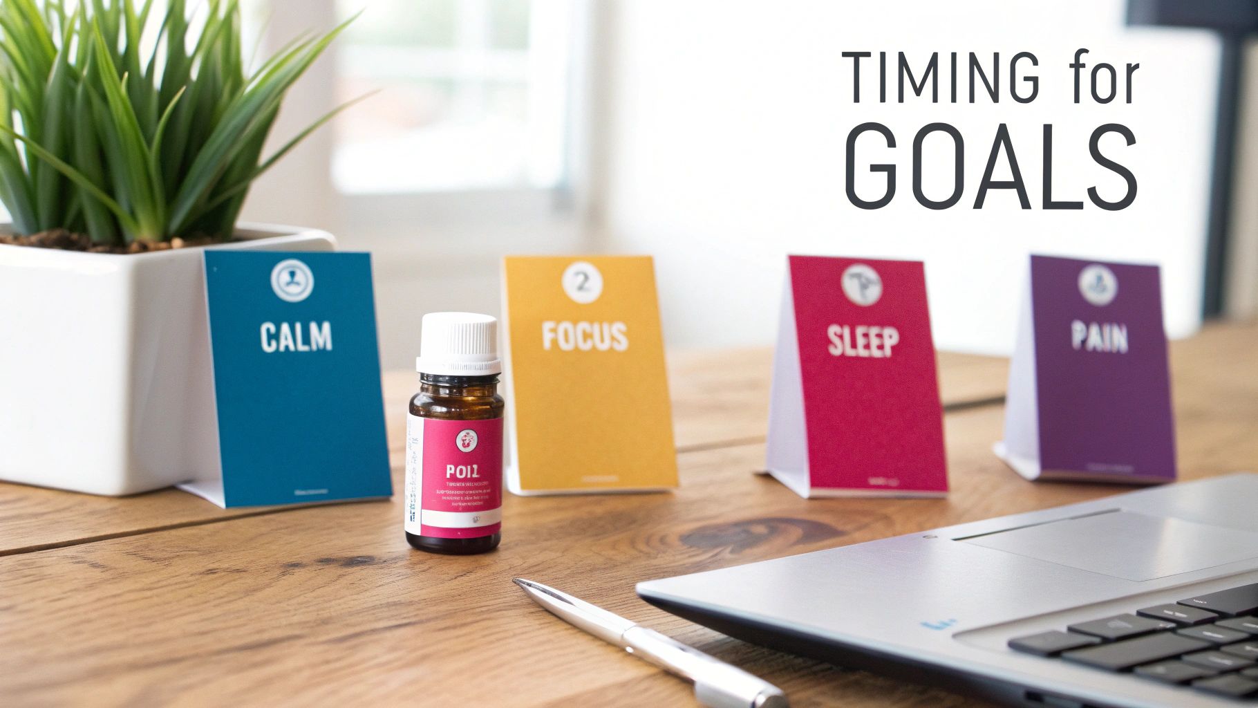 Essential oil bottle on a desk with cards for calm, focus, sleep, and pain, illustrating timing for goals.