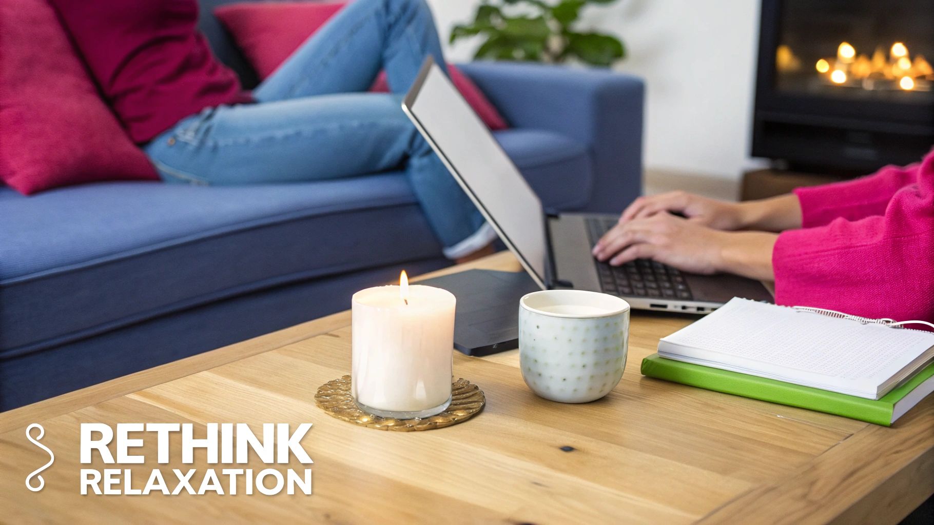 A person in a pink sweater types on a laptop, with a lit candle and mug on a cozy table.