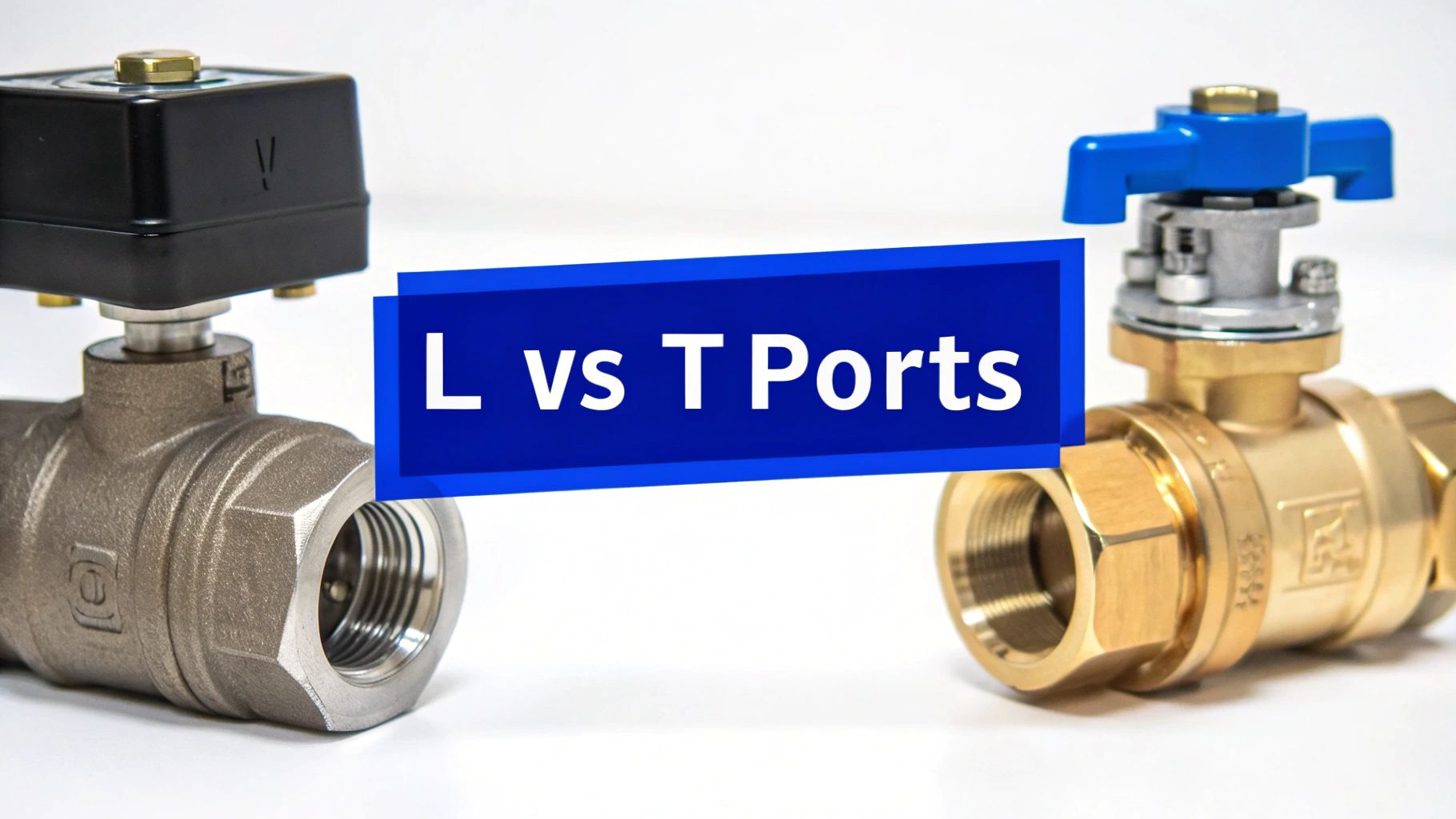Two industrial three-way ball valves, illustrating the difference between L-port and T-port designs.