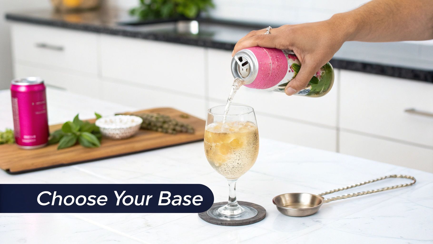 A hand pours a sparkling drink from a colorful can into a wine glass on a white countertop.