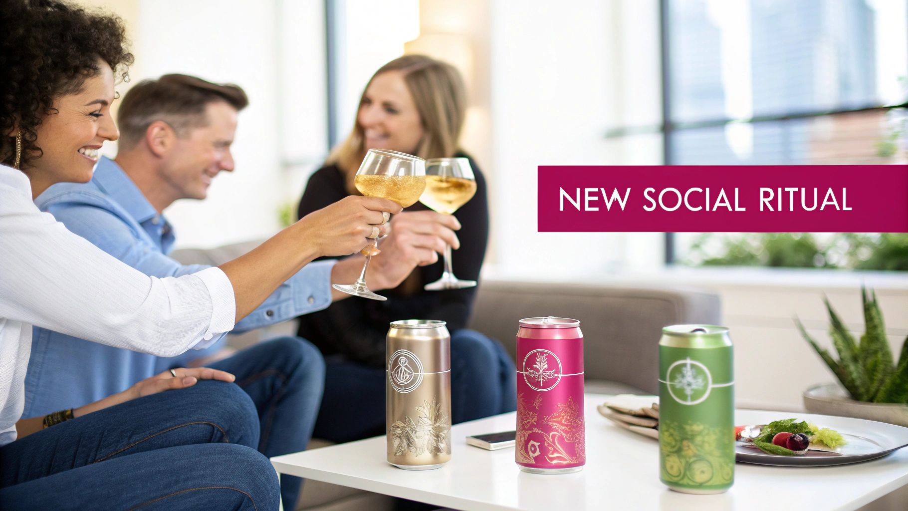 Friends toasting with wine glasses at a social gathering, with three colorful beverage cans on a table.