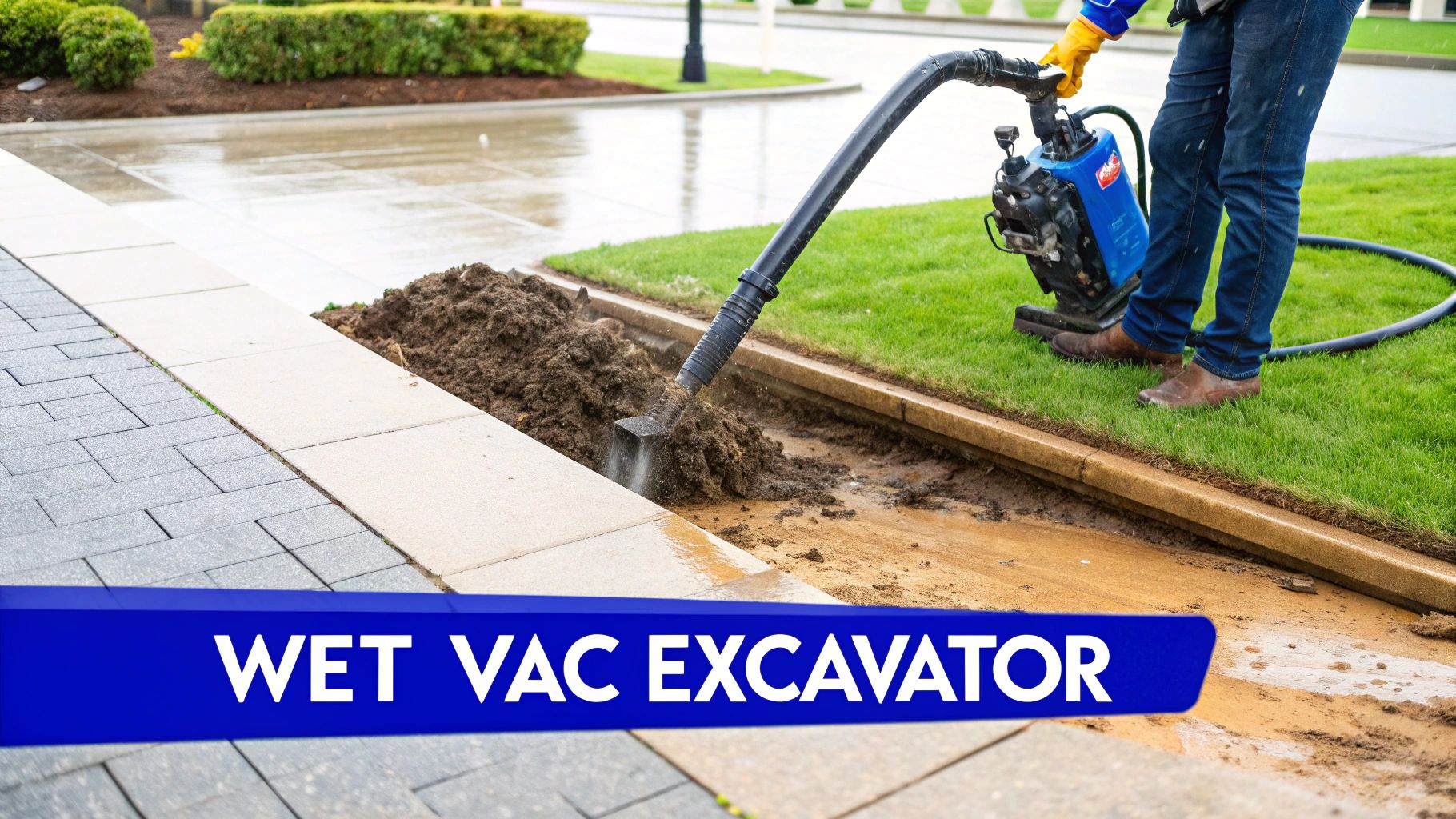 A worker uses a wet vac excavator to remove wet mud and dirt from a trench next to a sidewalk and grass.