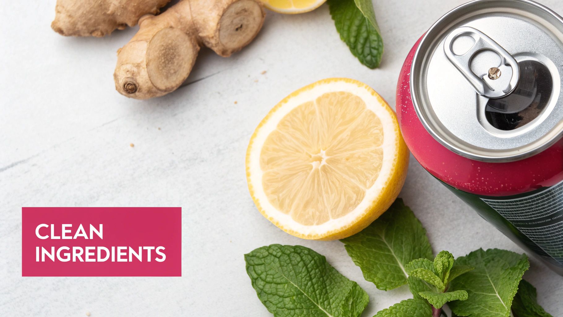 Close-up of fresh ginger root, half a lemon, mint leaves, and an open red soda can.