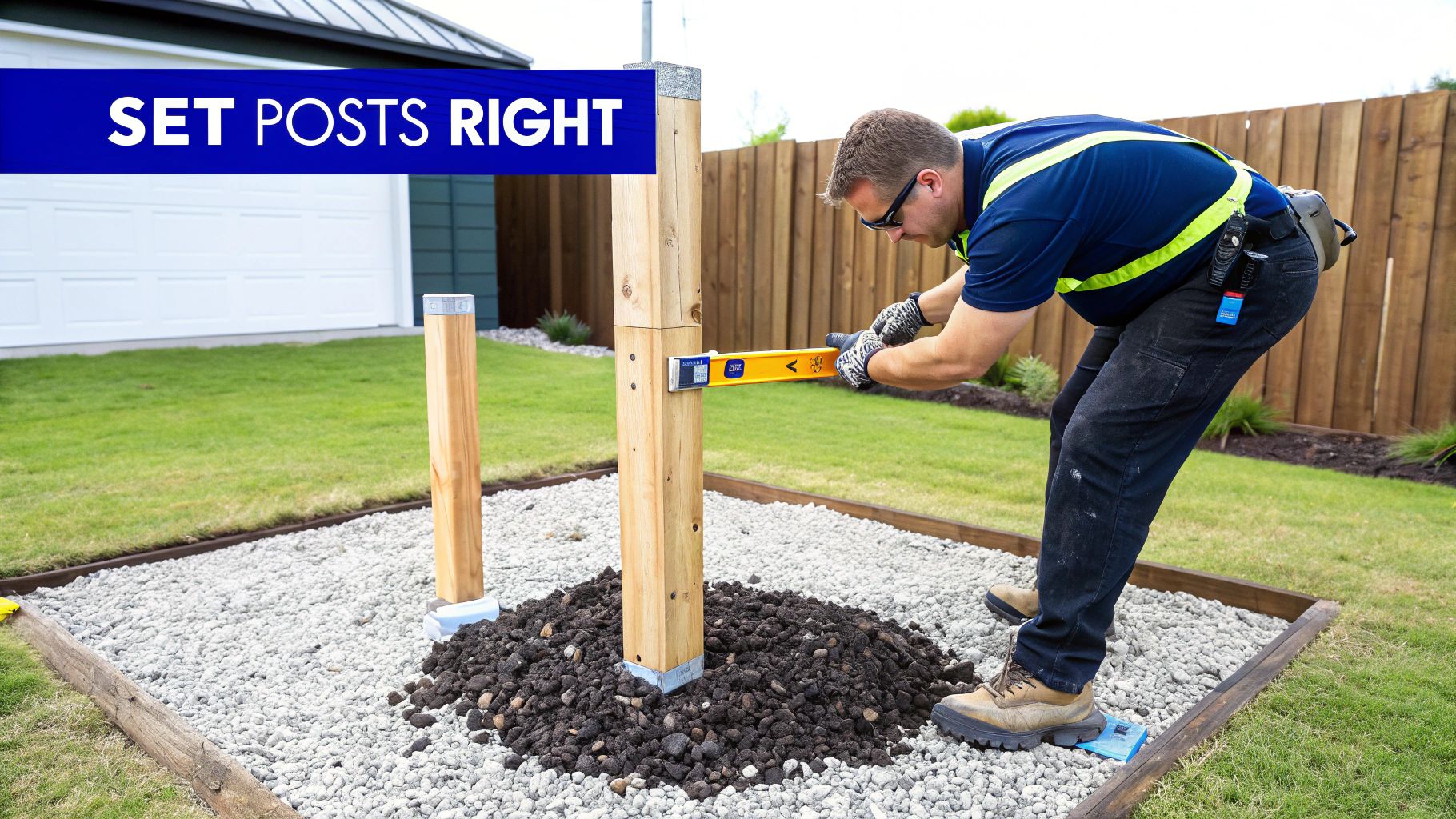 A worker uses a yellow level to ensure a wooden fence post is set correctly in gravel.