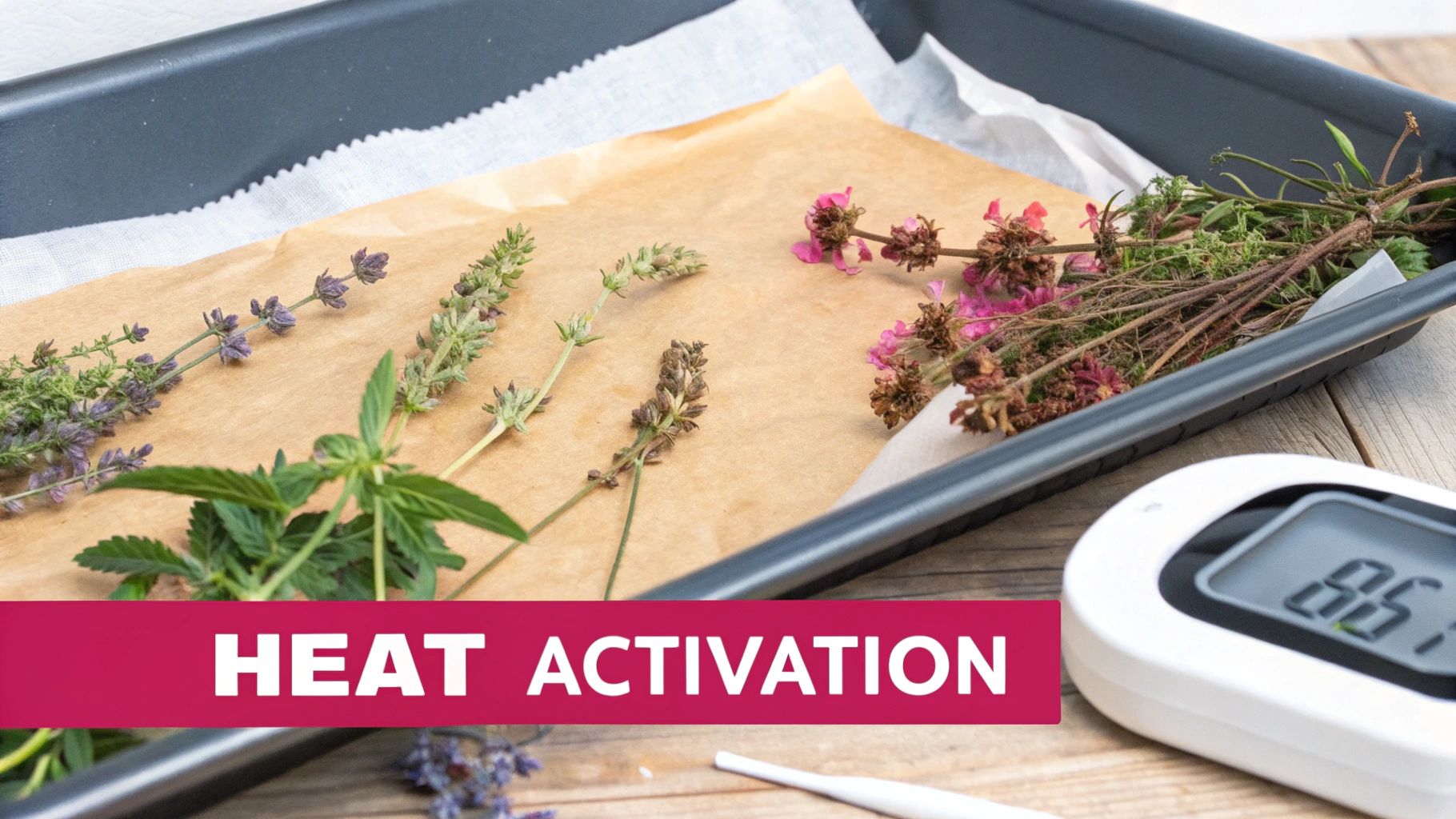 Various green and purple herbs on parchment paper in a tray, with a thermometer for heat activation.