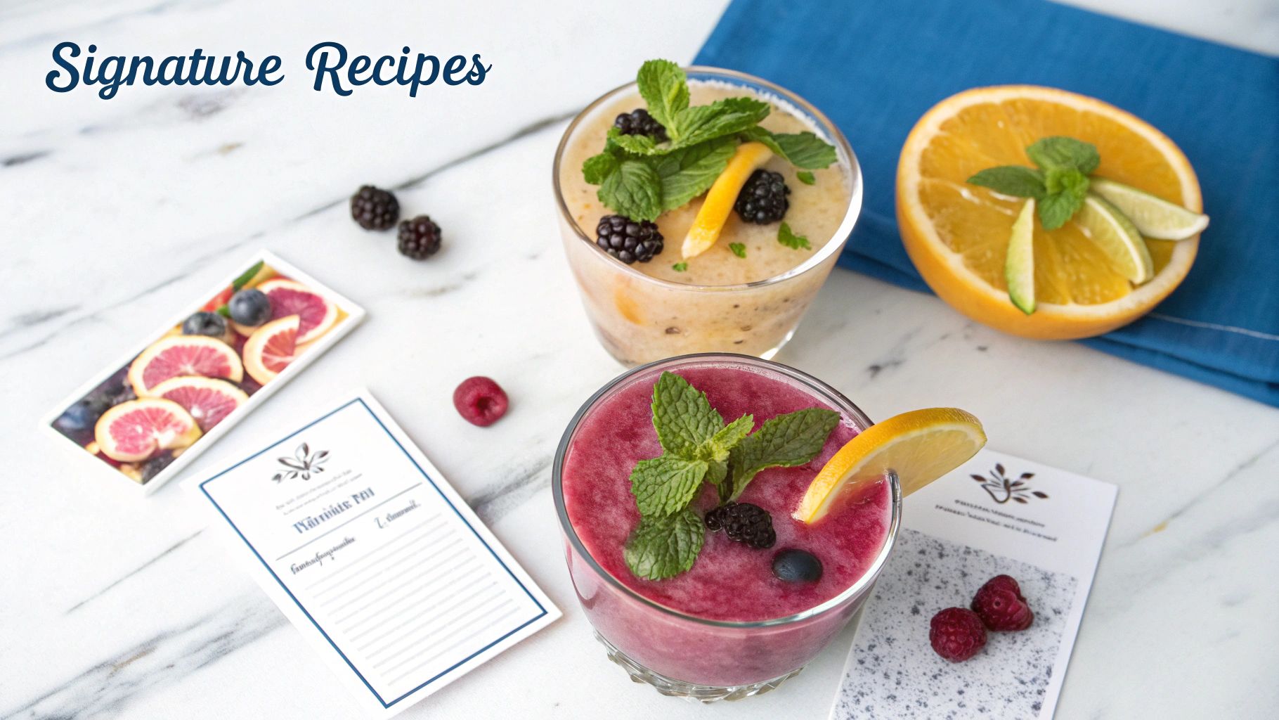 Two vibrant, garnished fruit cocktails with fresh berries, citrus, and mint on a marble counter.
