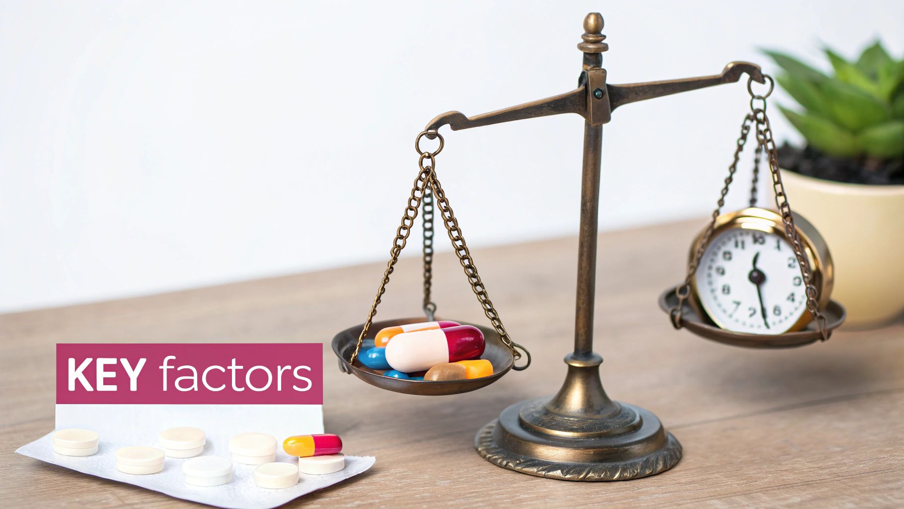 A vintage balance scale weighs colorful pills against a clock, symbolizing the importance of time in medication.