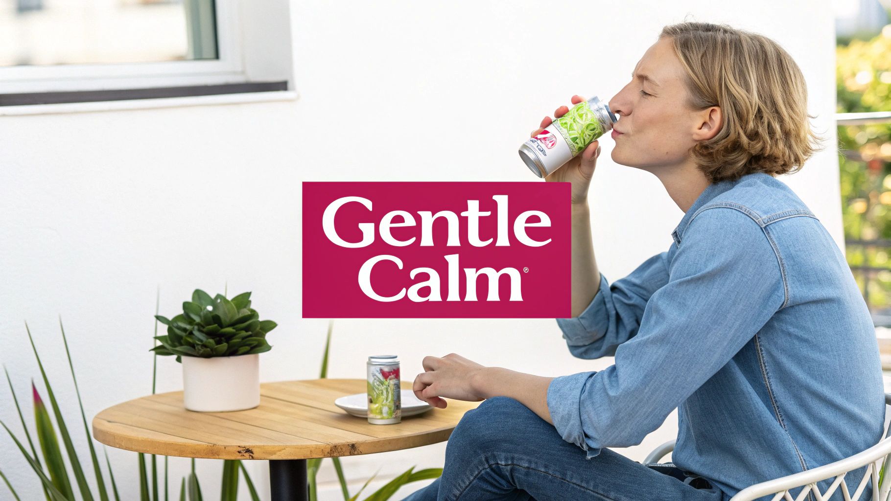 Woman enjoying a Gentle Calm CBD drink on a sunny patio with a plant.