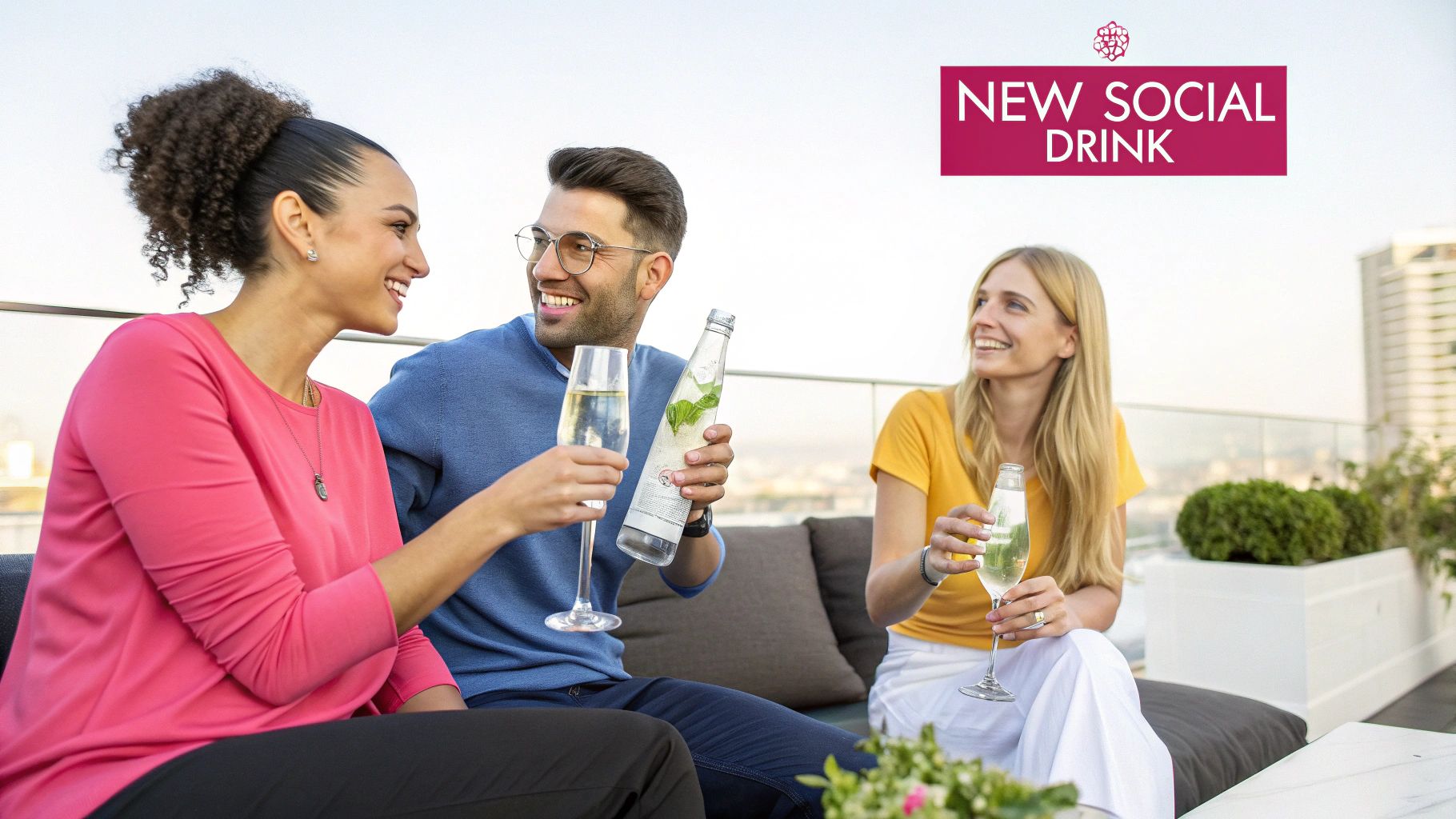 A man and two women smiling, holding drinks at a lively rooftop social gathering.