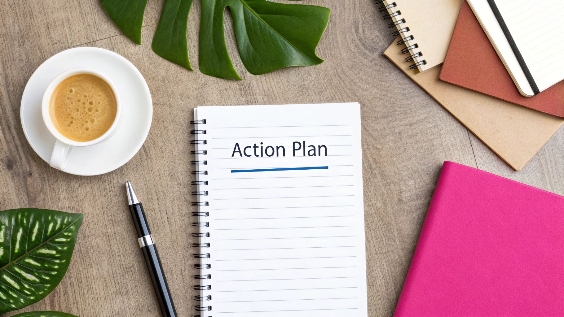 A flat lay of a desk with an 'Action Plan' notebook, coffee, pen, and plants, ready for planning.
