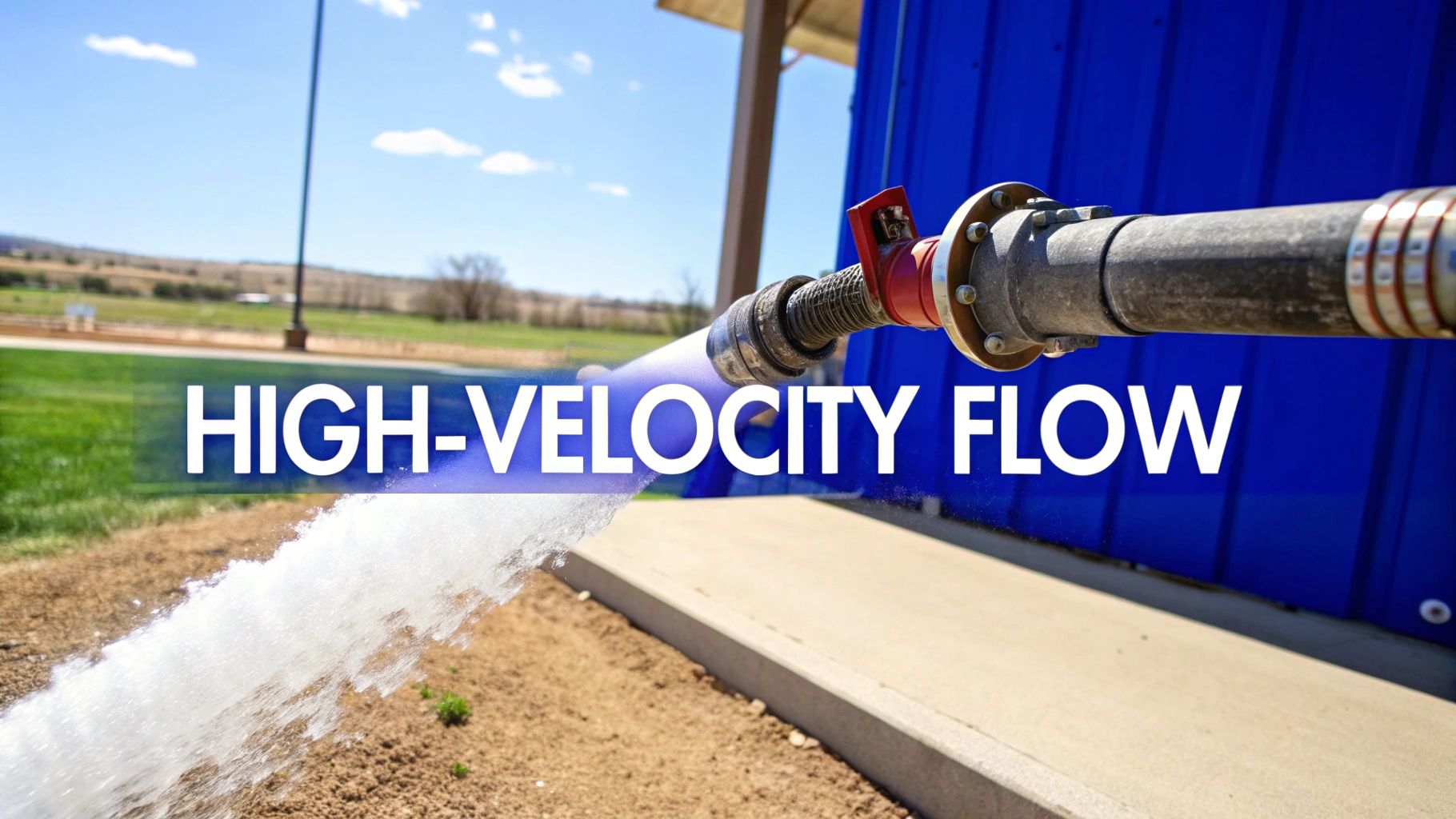 High-velocity water flow discharges from a large black hose onto parched ground under a sunny sky.
