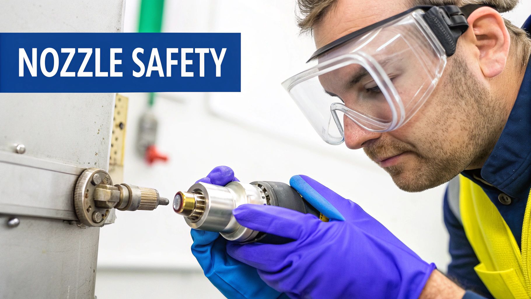 A worker in safety goggles and purple gloves performs maintenance on a hydro jet nozzle, with 'NOZZLE SAFETY' text.