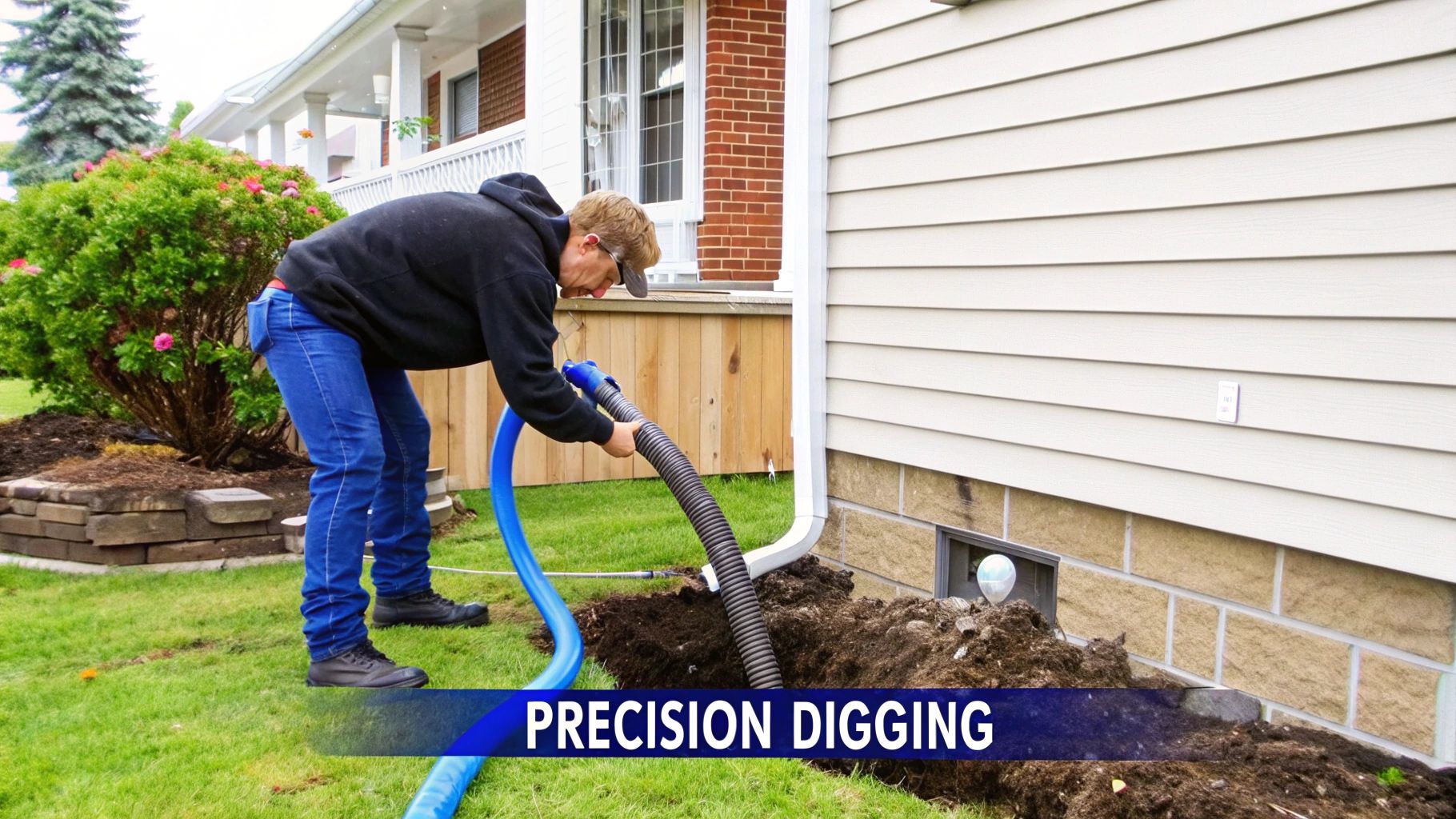 A man uses a large vacuum hose for precision digging near a house foundation, removing soil.