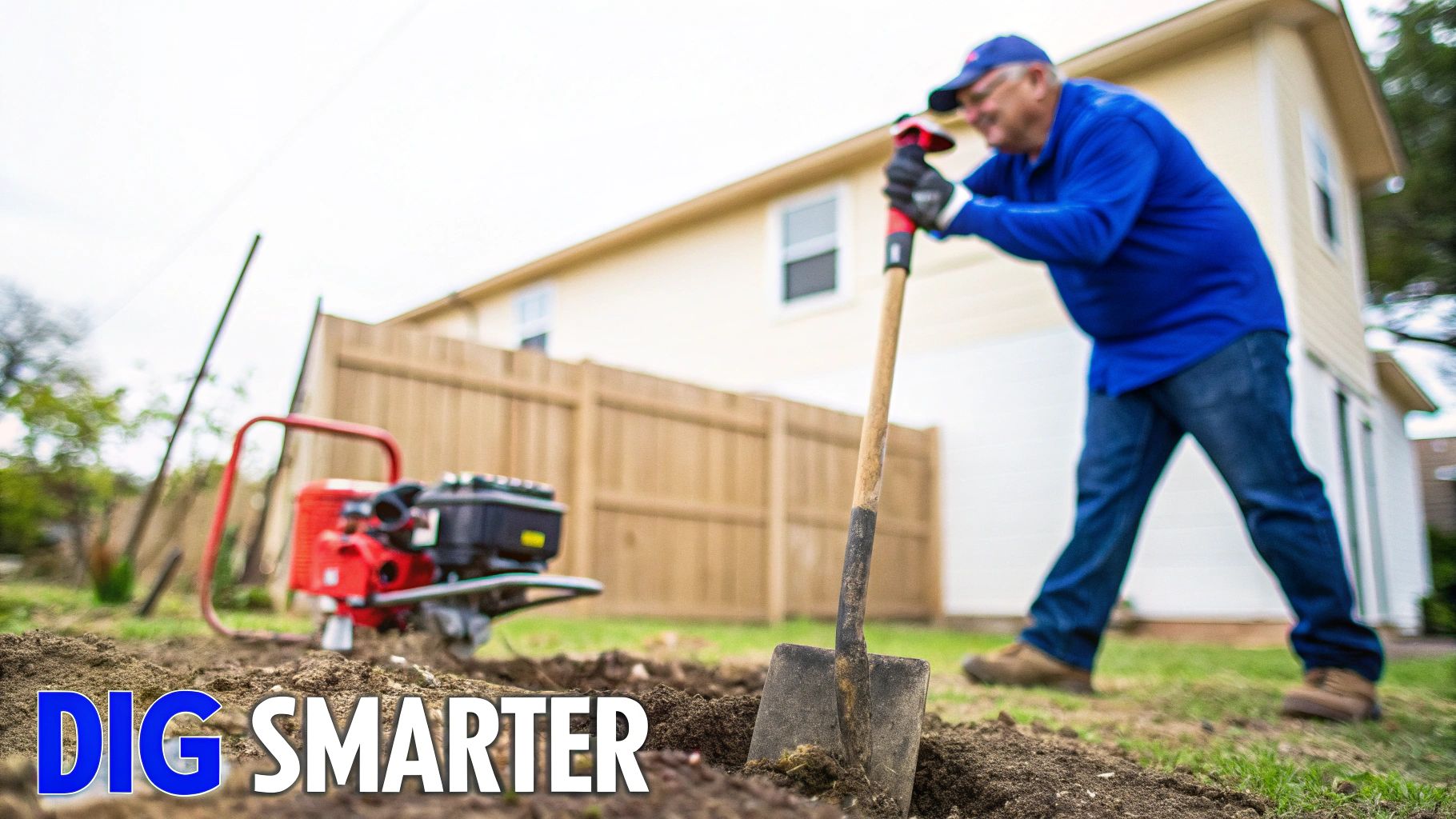 A man digging a hole with a shovel in a yard, with a power post hole digger machine in the background.