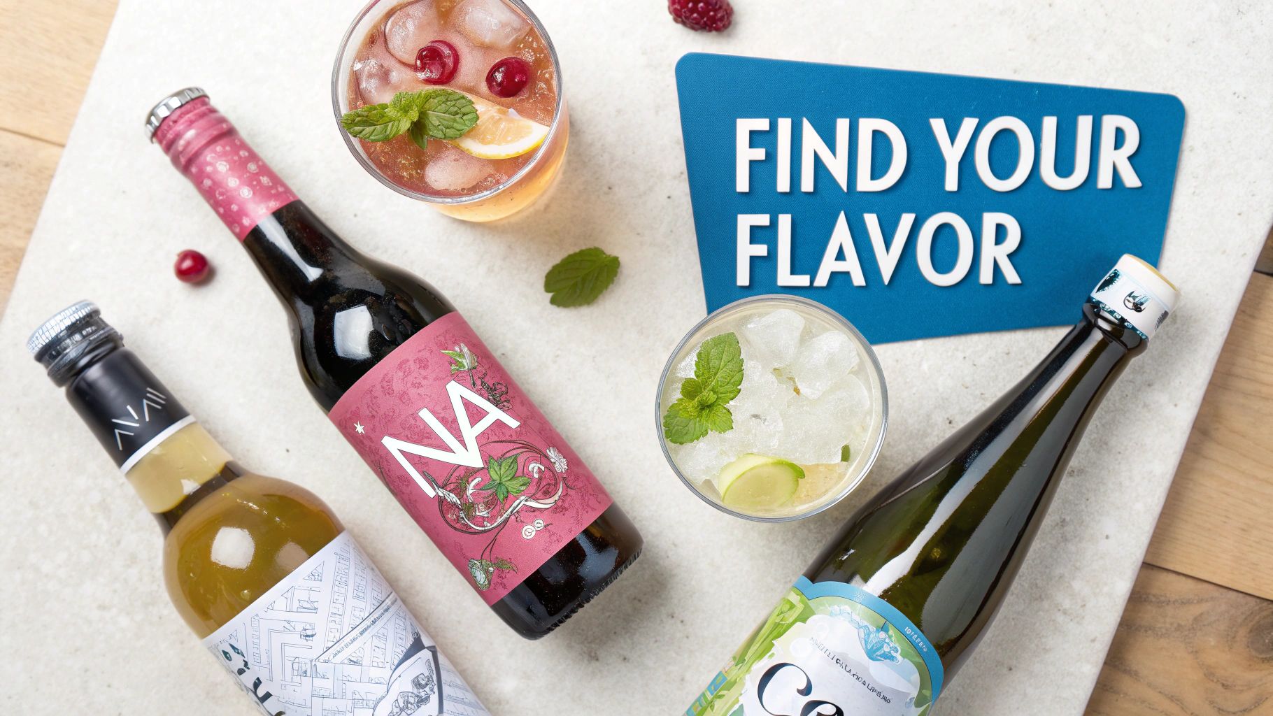 Assortment of non-alcoholic beverages, including bottles and refreshing iced drinks with fruit and mint.