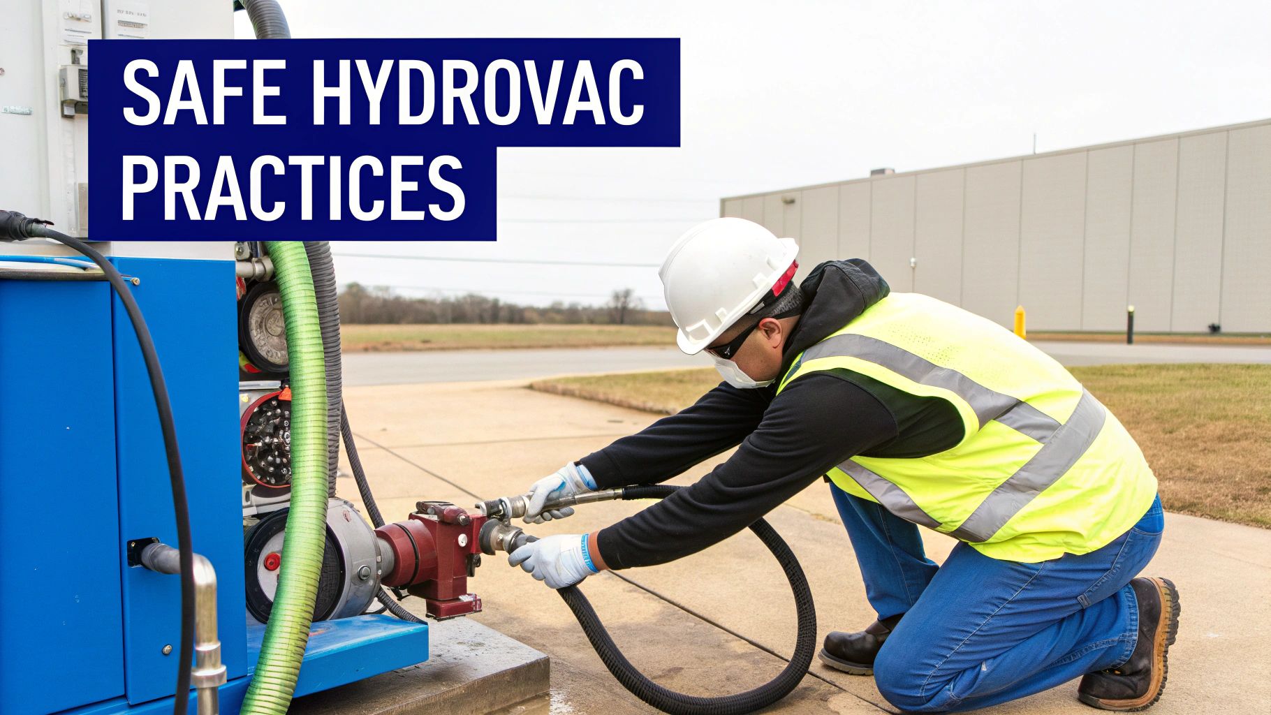 A worker in PPE connects hoses to hydrovac excavation equipment, emphasizing safe practices outdoors.