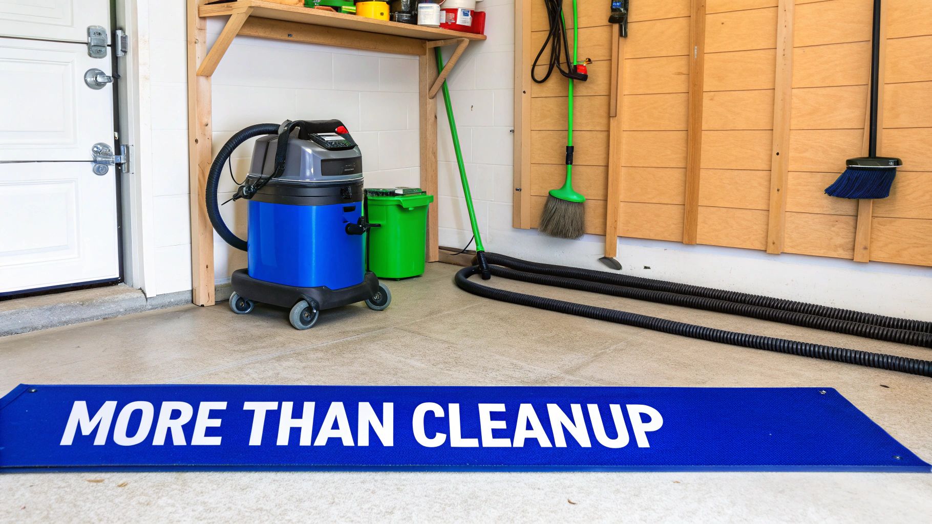 A blue shop vacuum cleaner and various cleaning tools in a garage, with a 'MORE THAN CLEANUP' mat.