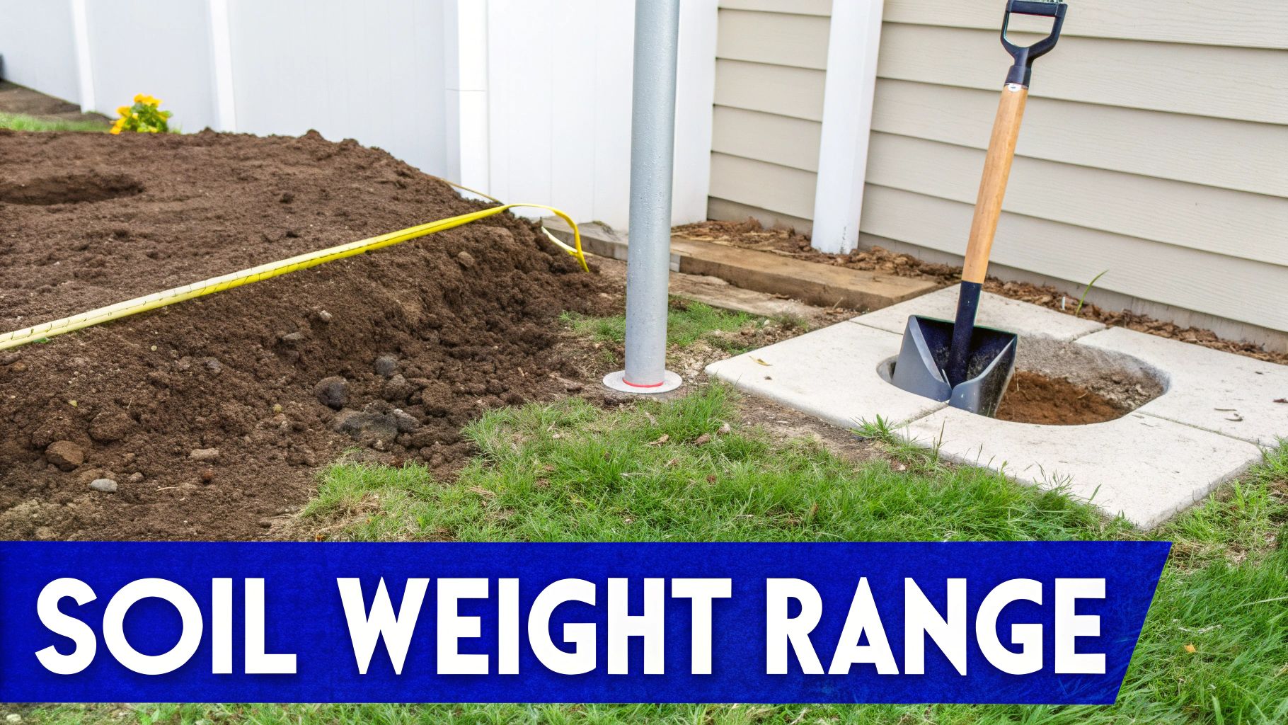 A backyard scene showing a large soil pile, a shovel in a dug hole, and a measuring tape.
