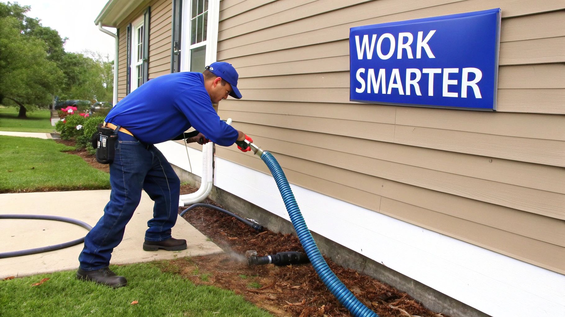 A worker in blue operates a ribbed hose near a house foundation, under a 'WORK SMARTER' sign.