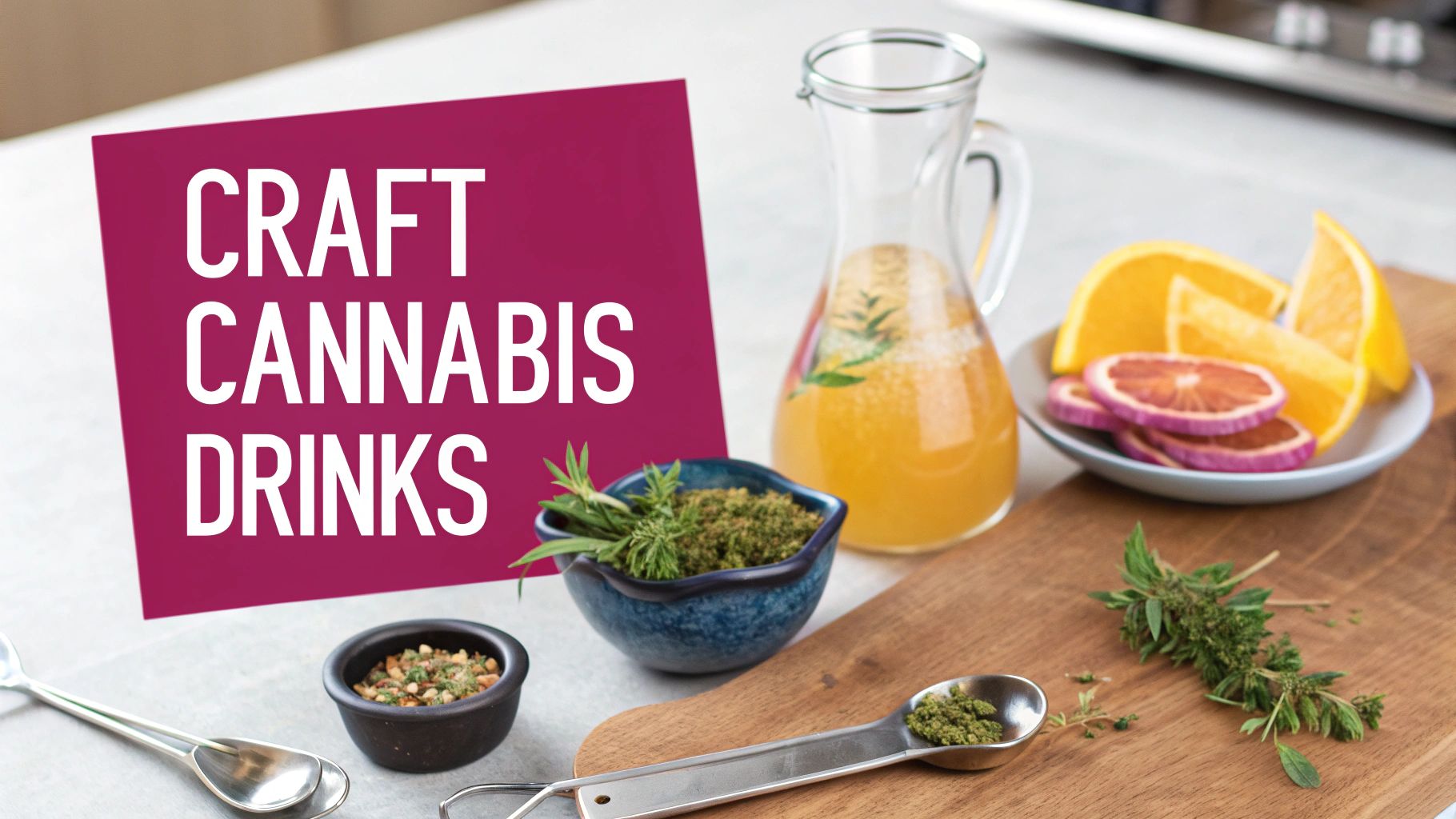Ingredients for craft cannabis drinks, including herbs, oranges, and a jug of beverage on a table.