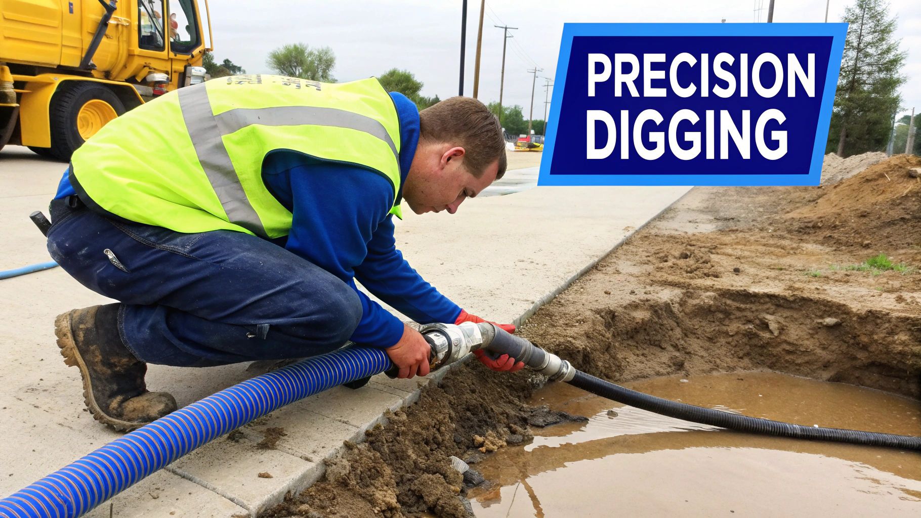 Worker in safety vest precisely vacuum excavating a muddy trench with specialized equipment.