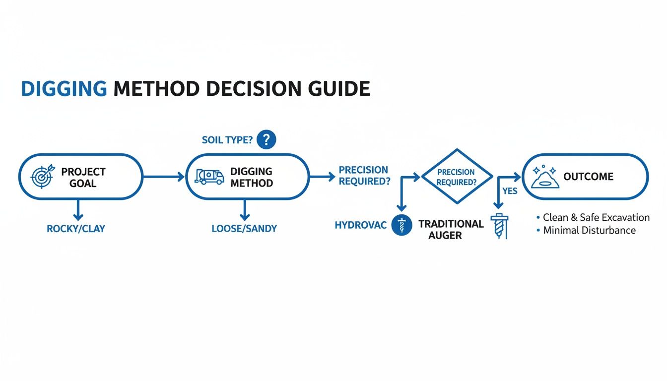 A flowchart illustrating a digging method decision guide based on soil type and precision requirements.