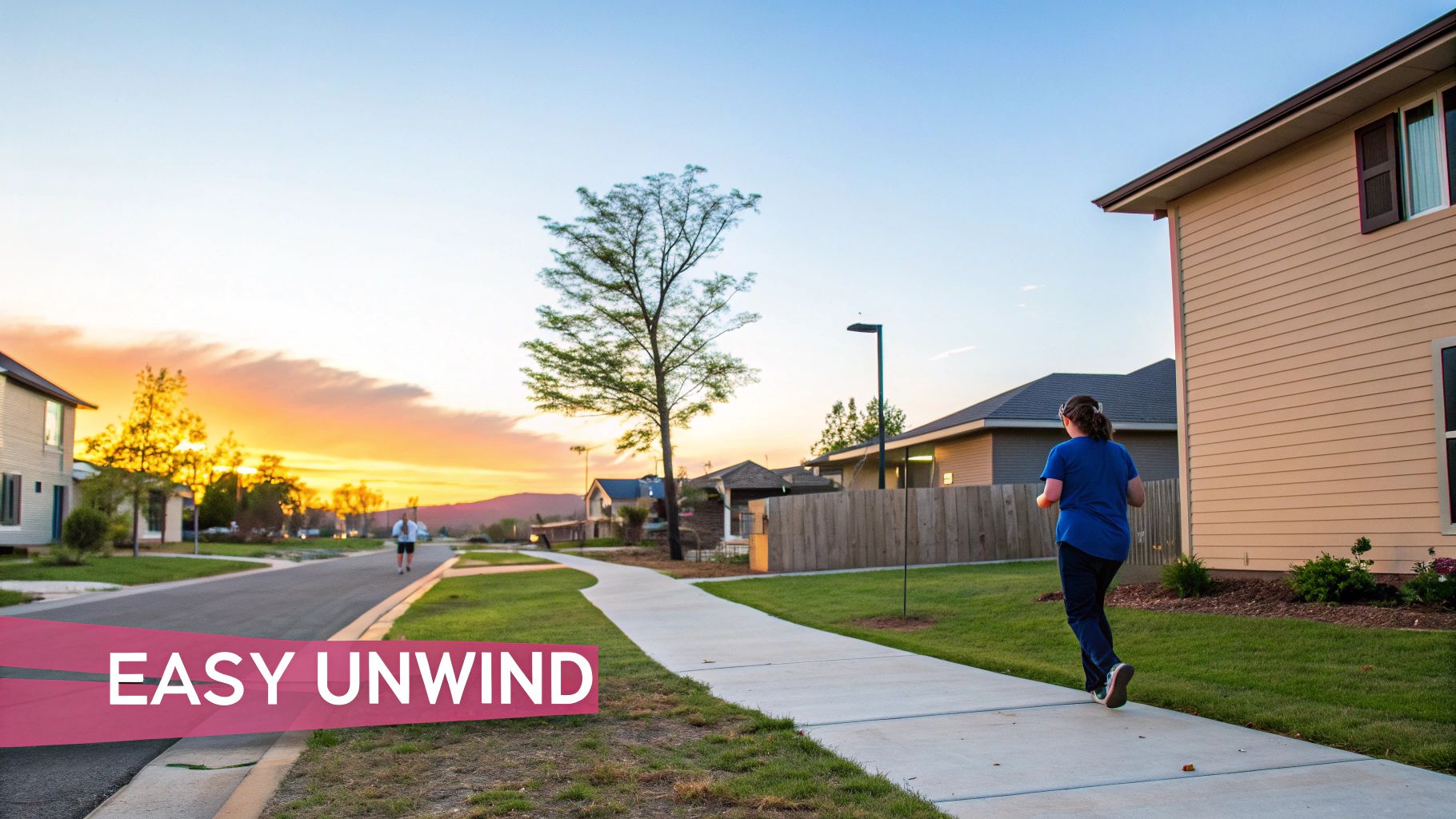 A person jogging on a sidewalk in a residential neighborhood at sunset with a warm, colorful sky.