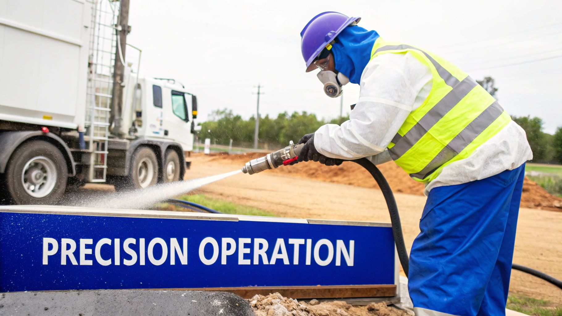 A worker in PPE uses a water jet nozzle to clean a 'PRECISION OPERATION' sign at a construction site.