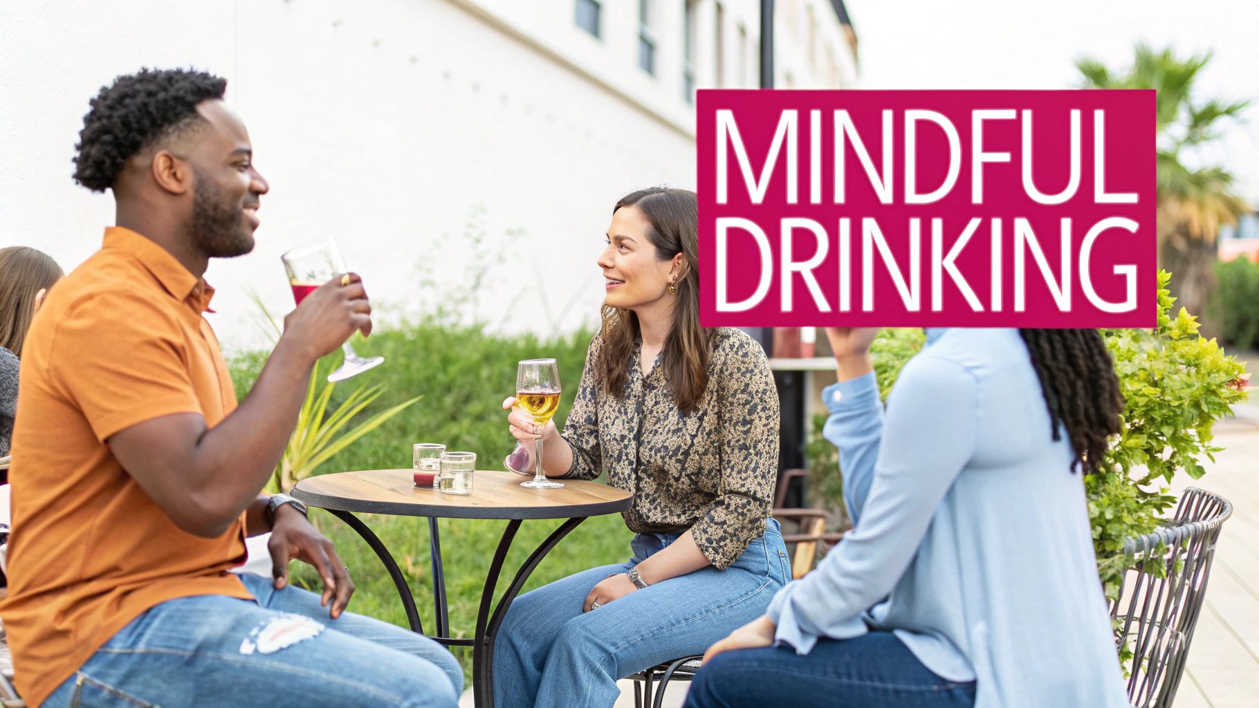 Three people socialize at an outdoor cafe, enjoying drinks with a 'Mindful Drinking' overlay.