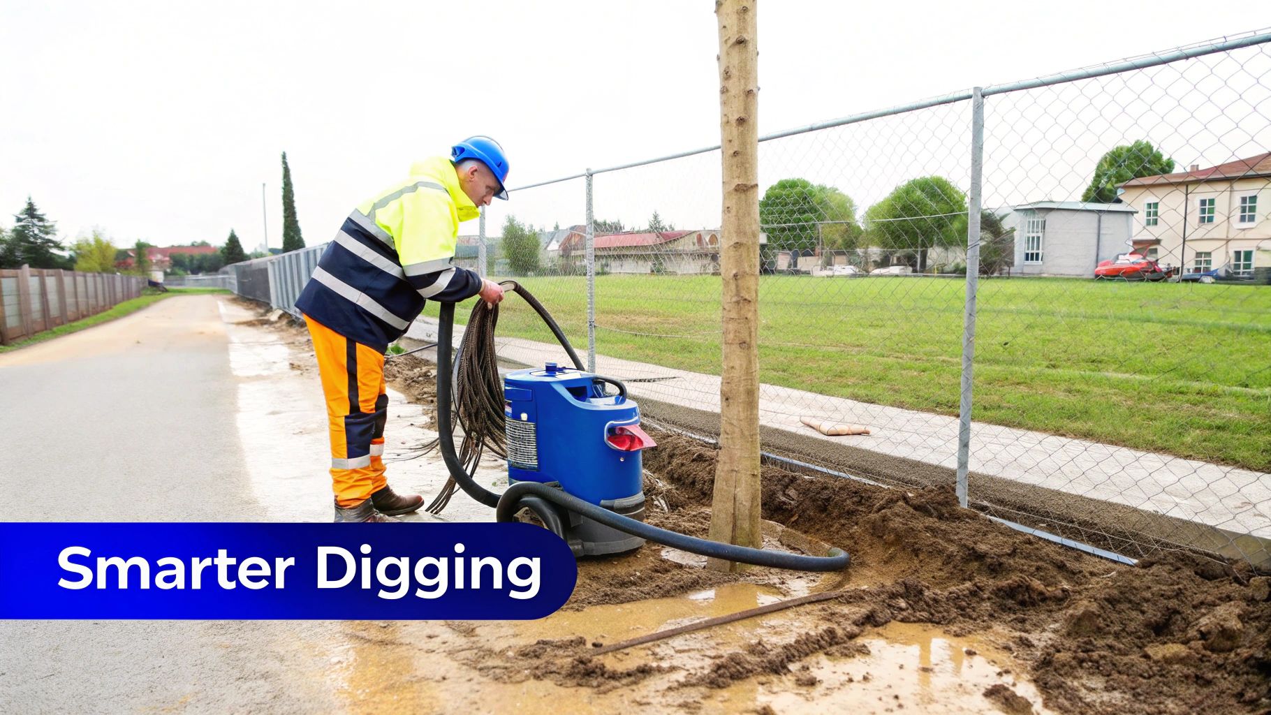 A construction worker uses a blue vacuum excavator machine for "smarter digging" near a tree.