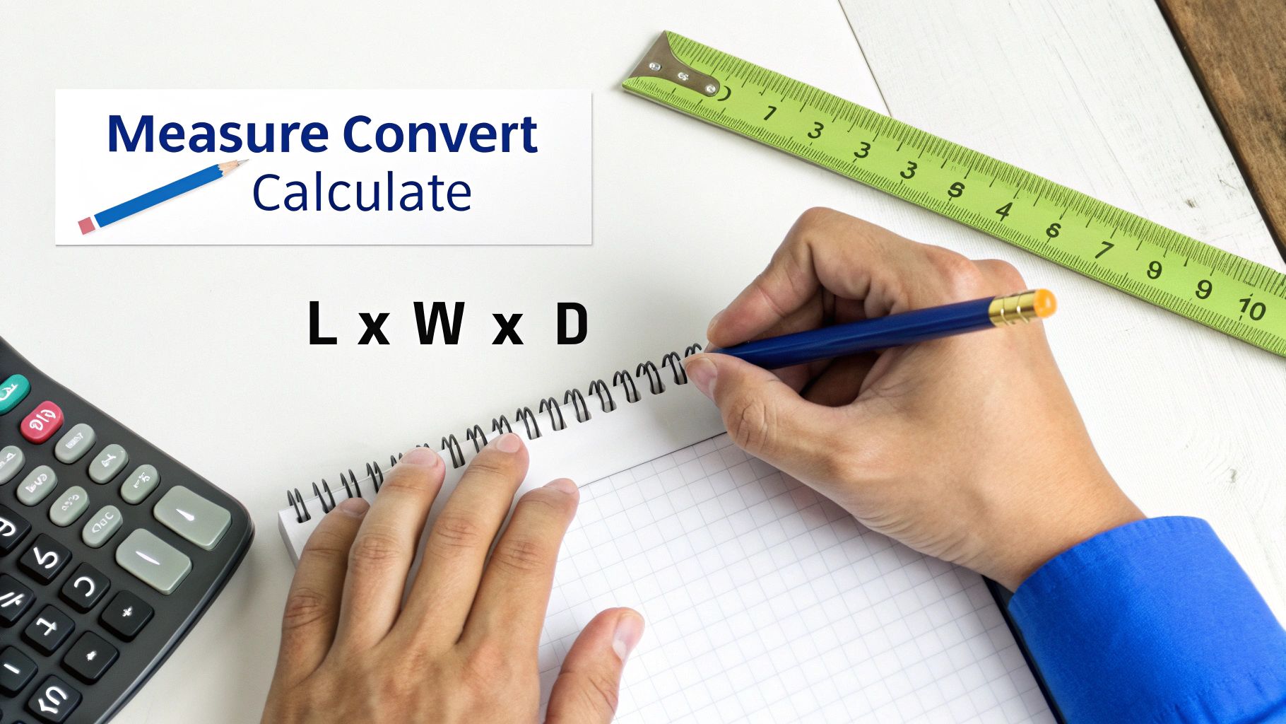 Hands writing "L x W x D" on a notepad, next to a calculator and a tape measure.