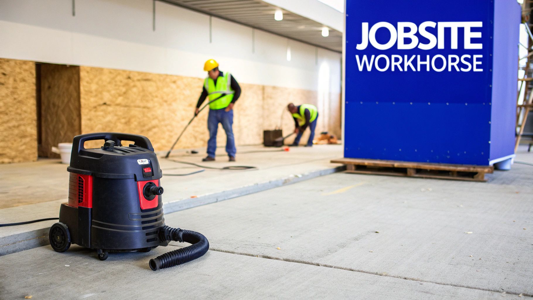 A black and red shop vac on a concrete floor, with workers cleaning a construction site.