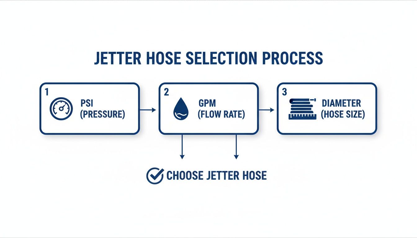 Flowchart illustrating the jetter hose selection process, considering PSI (pressure), GPM (flow rate), and diameter (hose size).