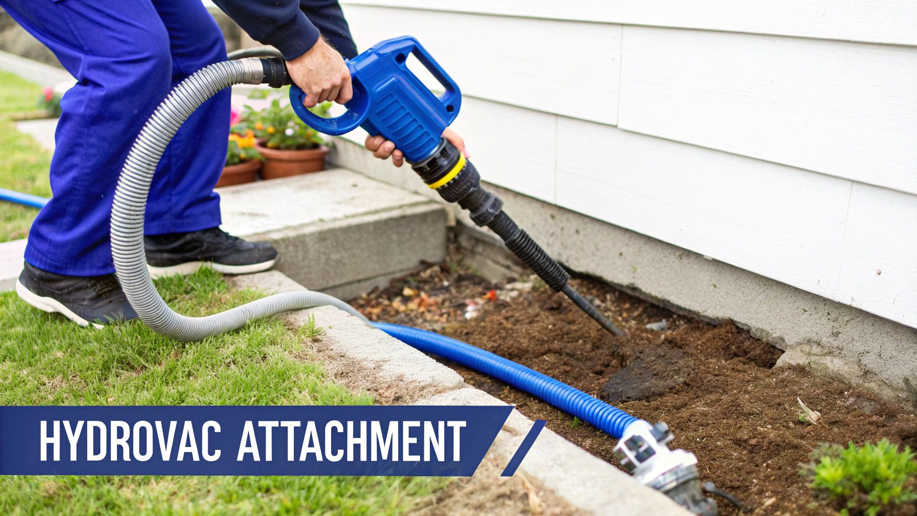 A worker uses a blue hydrovac attachment with a grey hose to excavate soil next to a white house.