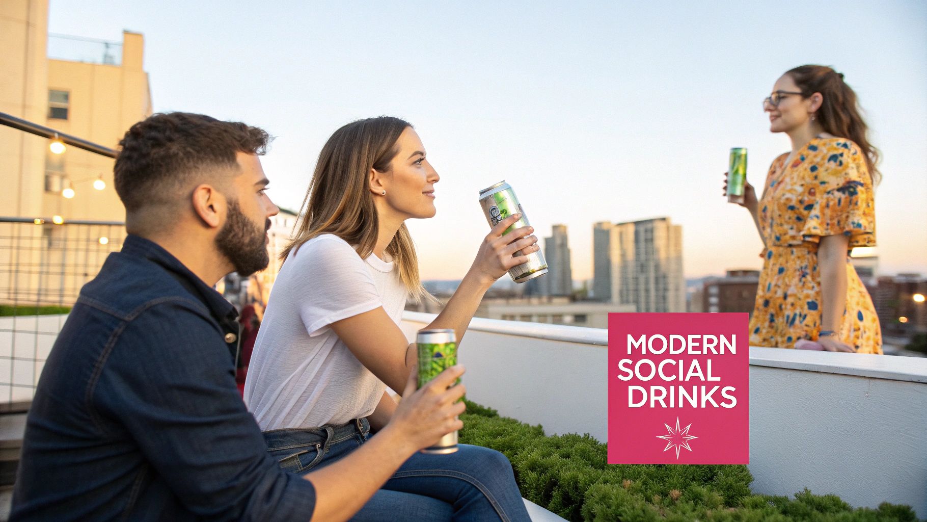 Three friends enjoy modern social drinks in cans on a city rooftop at sunset.