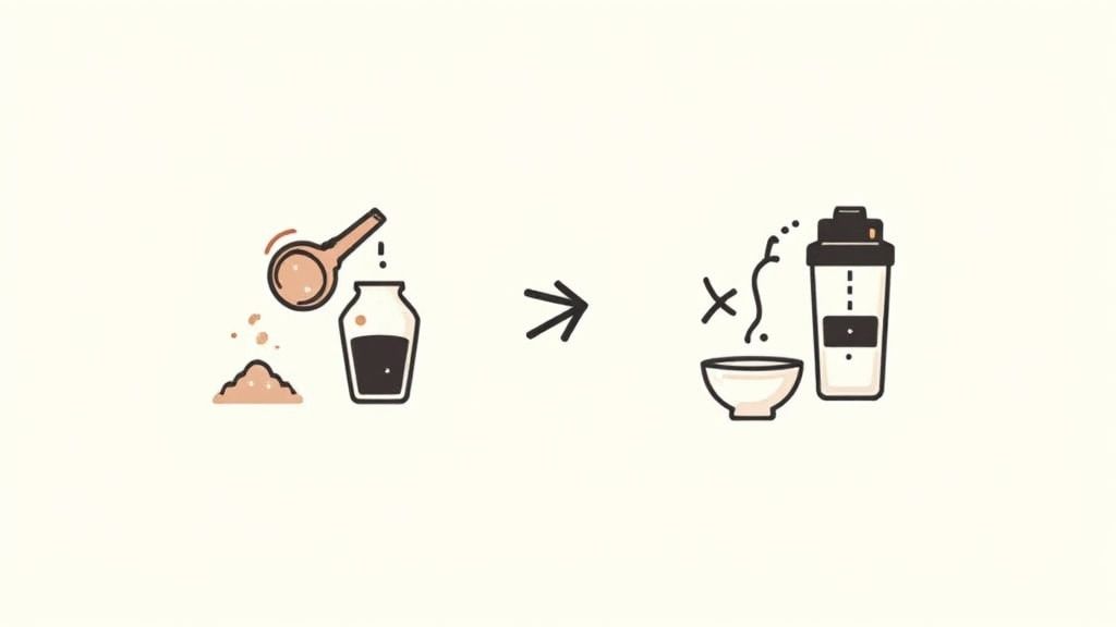 a diagram showing powder going into a shaker cup