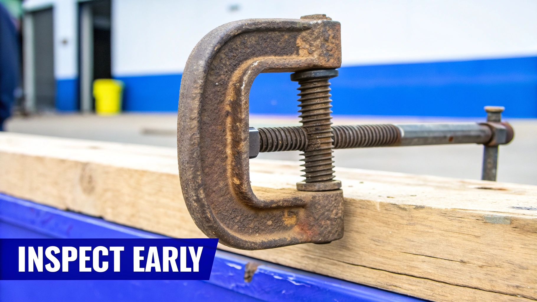 A rusty G-clamp secures a wooden beam to a blue surface, with 'INSPECT EARLY' text.