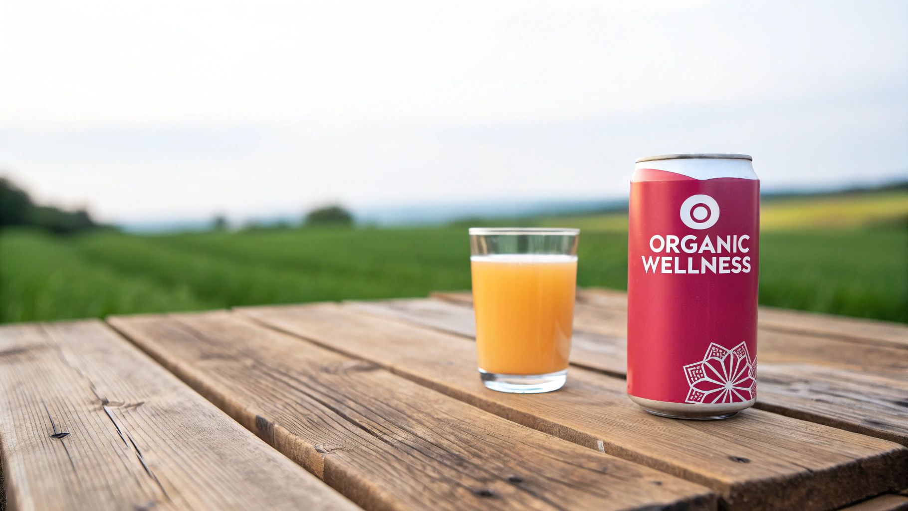 Red 'ORGANIC WELLNESS' can and a glass of orange juice on a rustic wooden table outdoors.