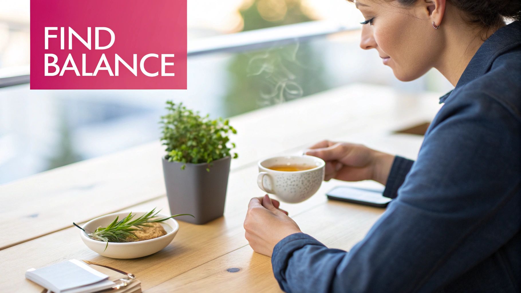 A woman sips tea, steam rising, next to a plant and snack, promoting balance.