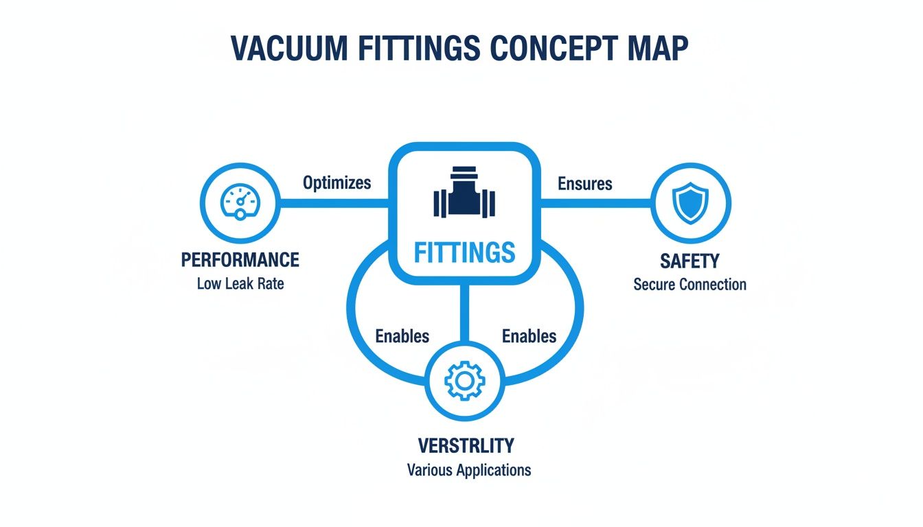 A concept map showing how vacuum fittings optimize performance, ensure safety, and enable versatility.