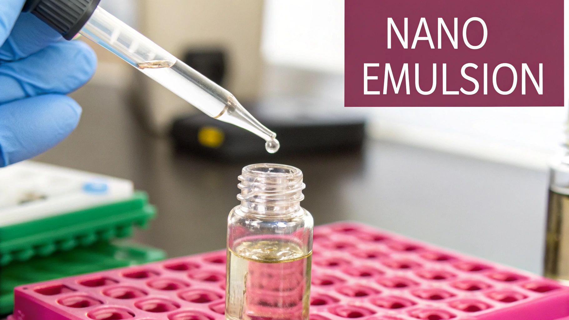 Lab worker's gloved hand dropping liquid into a small clear vial, labeled 'NANO EMULSION'.