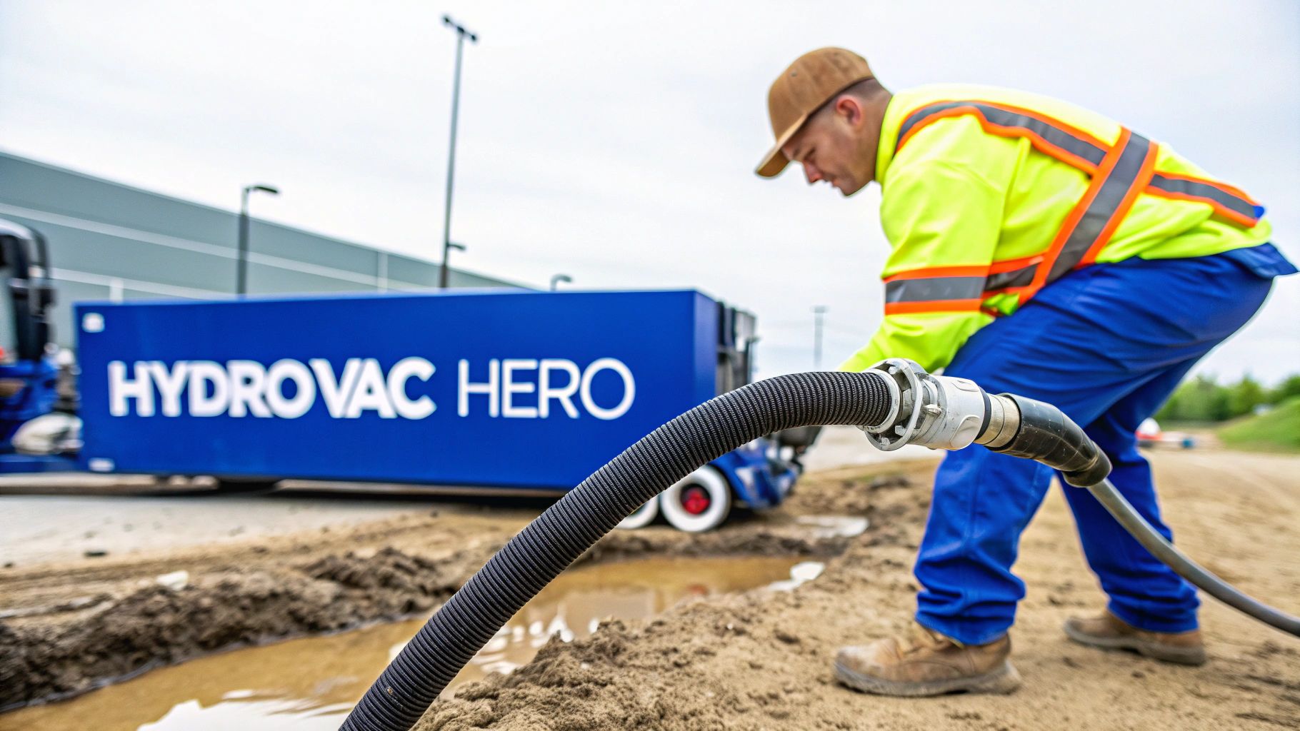 A worker in a safety vest connects a large hose to a Hydrovac Hero machine on a muddy job site.
