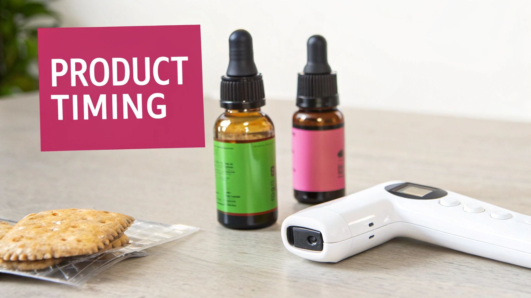 A pink sign reads 'PRODUCT TIMING' next to two CBD oil bottles, a thermometer, and crackers.