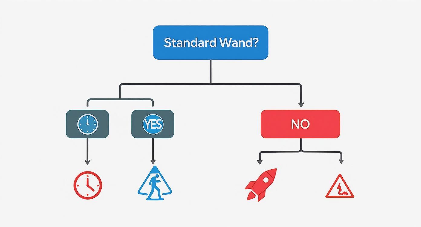 Decision flowchart showing standard wand options with yes and no paths leading to different outcomes
