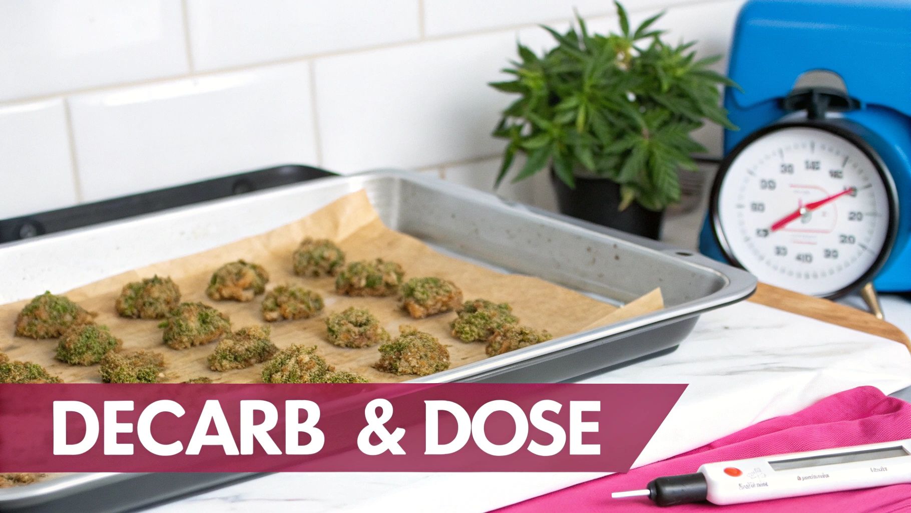 Green edibles on a baking sheet with a cannabis plant, scale, and thermometer, with text 'DECARB & DOSE'.